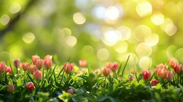 AI generated spring advertisment natural nackground with flowers, bokeh lights and copy space photo
