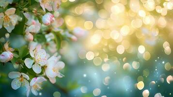 AI generated spring advertisment natural nackground with flowers, bokeh lights and copy space photo