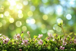 AI generated spring advertisment natural nackground with flowers, bokeh lights and copy space photo