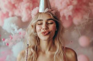 AI generated smiling young blonde woman wearing a party hat blowing smoke photo