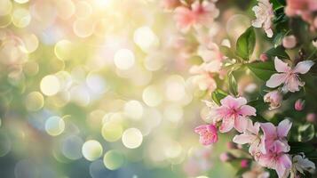 AI generated spring advertisment natural nackground with flowers, bokeh lights and copy space photo