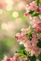 AI generated spring advertisment natural nackground with flowers, bokeh lights and copy space photo