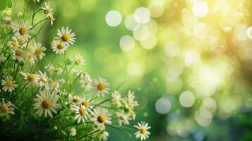 AI generated spring advertisment natural nackground with flowers, bokeh lights and copy space photo
