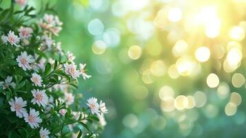 AI generated spring advertisment natural nackground with flowers, bokeh lights and copy space photo