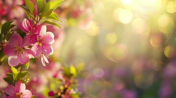 AI generated spring advertisment natural nackground with flowers, bokeh lights and copy space photo