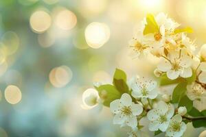 AI generated spring advertisment natural nackground with flowers, bokeh lights and copy space photo
