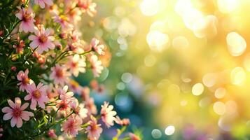 AI generated spring advertisment natural nackground with flowers, bokeh lights and copy space photo