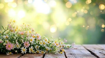 AI generated spring advertisment natural nackground with flowers, bokeh lights and copy space photo