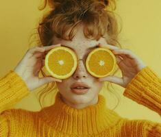 AI generated woman holding over two orange slices photo