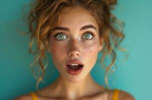 AI generated this beautiful young woman is making an surprised face to the camera photo