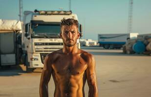 AI generated truck driver with shirt off standing in front of truck photo