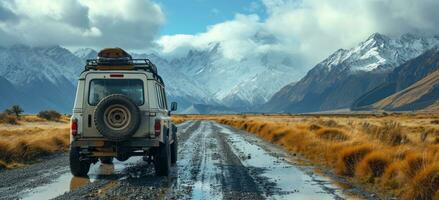 ai generado el suv es estacionado en un la carretera con montañas en el antecedentes foto