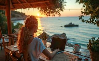 ai generado el mujer es utilizando su ordenador portátil en el terraza a el playa foto