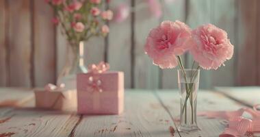 AI generated two pink flowers in a vase and gifts on white wood photo