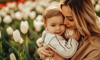ai generado madre acurrucarse su hijo con tulipanes y madre besos él foto