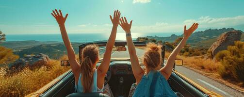 AI generated two people in an open top convertible car with their hands lifted up photo