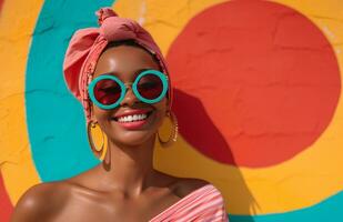 AI generated smiling young woman wearing pink next to a circular red ring as well as a yellow background photo