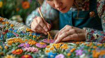 AI generated woman embroiders a flower with multi-colored threads photo