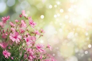 AI generated spring advertisment natural nackground with flowers, bokeh lights and copy space photo