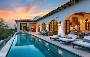 AI generated scottsdale home featuring a pool with a patio and lounge chairs in the shade photo