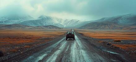 AI generated vehicle with luggage on a country road with mountains in the background photo