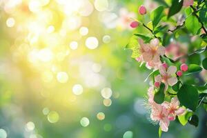 AI generated spring advertisment natural nackground with flowers, bokeh lights and copy space photo