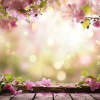 AI generated spring advertisment natural nackground with flowers, bokeh lights and copy space photo