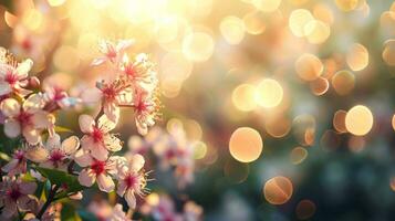 AI generated spring advertisment natural nackground with flowers, bokeh lights and copy space photo