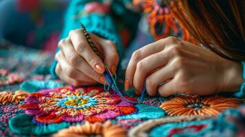 AI generated woman embroiders a flower with multi-colored threads photo