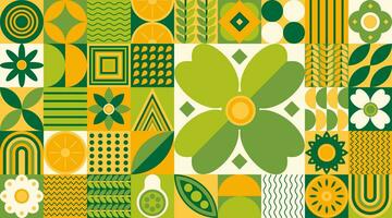 Geometric flat composition of plants and fruits, abstract decorative art, web banner and poster with ornamental tile pattern. Vector illustration.