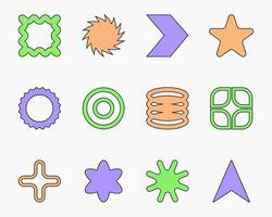 Set of retro symbols, shapes and signs in y2k aesthetic, abstract icons, web buttons, decorative design elements. Vector illustration.