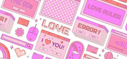 Valentine's Day Y2K banner with retro computer desktop windows, rainbow, lollipops, flowers and pixel heart symbols on a white background. Vector illustration.