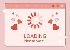 Set of Y2K Valentine Day retro computer window, loading display with hearts symbols and text. Vector illustration.