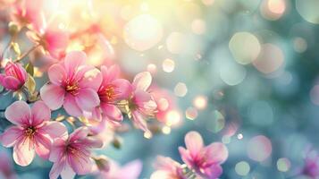 AI generated spring advertisment natural nackground with flowers, bokeh lights and copy space photo