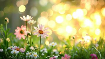 AI generated spring advertisment natural nackground with flowers, bokeh lights and copy space photo