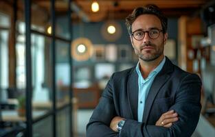 AI generated the attractive businessman with arms crossed in front of an empty office photo