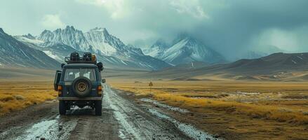 AI generated vehicle with luggage on a country road with mountains in the background photo