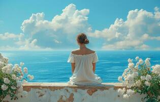 AI generated woman sitting on a wall overlooking ocean photo