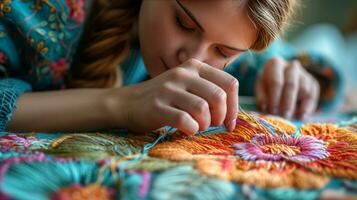 AI generated woman embroiders a flower with multi-colored threads photo