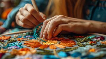 AI generated woman embroiders a flower with multi-colored threads photo