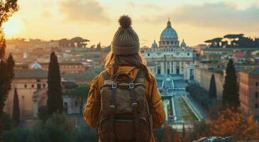 ai generado mujer participación mochila mirando a Roma horizonte con ciudad puntos de vista, foto