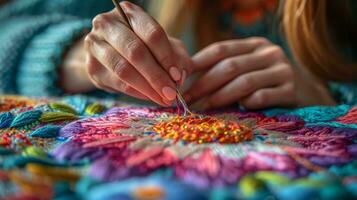 AI generated woman embroiders a flower with multi-colored threads photo