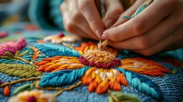 AI generated woman embroiders a flower with multi-colored threads photo