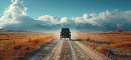 AI generated vehicle with luggage on a country road with mountains in the background photo