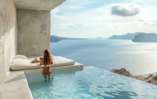 AI generated woman enjoying sea and water in the island of santorini photo