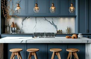 AI generated white marble countertop with blue cabinets and stools photo