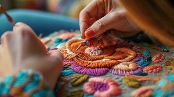 AI generated woman embroiders a flower with multi-colored threads photo