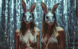 AI generated two women with rabbit masks posing, photo