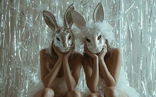 AI generated two women with rabbit masks posing, photo
