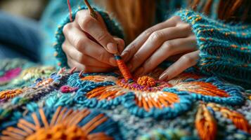 AI generated woman embroiders a flower with multi-colored threads photo
